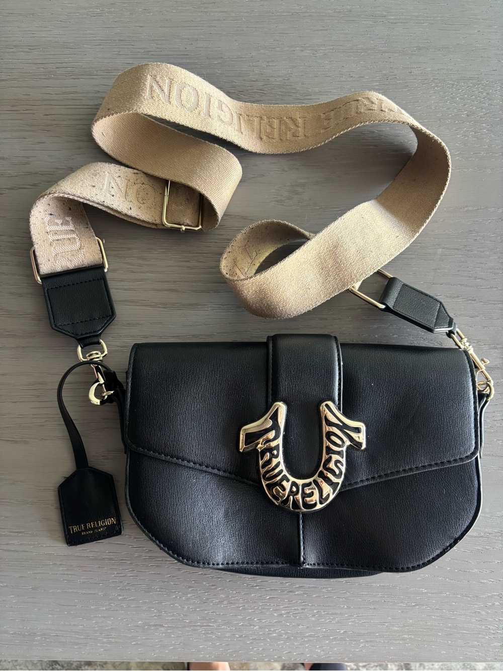 True Religion Black Leather Crossbody with Beige Branded Strap